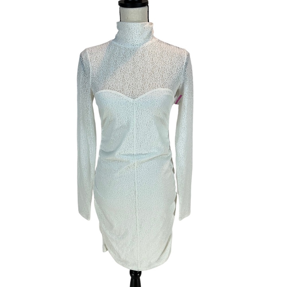 Open Edit Long Sleeve Turtleneck Lace Mini Dress - Ivory - size Medium